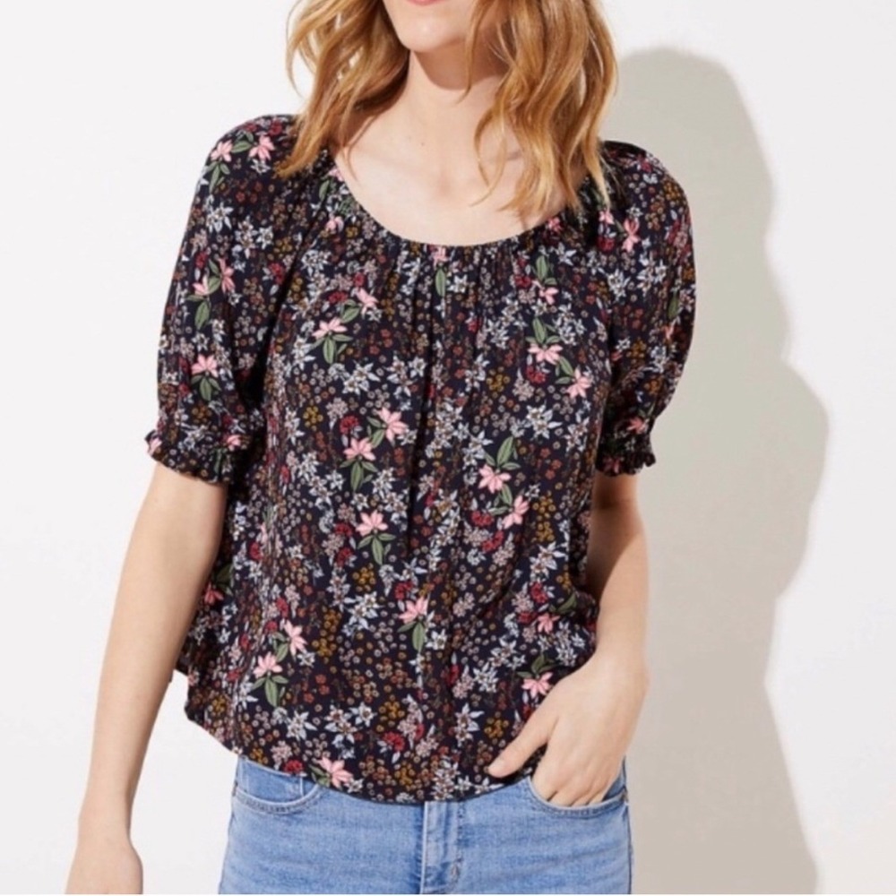 Loft Womens Sz XXS Petite Blouse Navy Blue Ditsy Floral Short Puff Sleeves Scoop